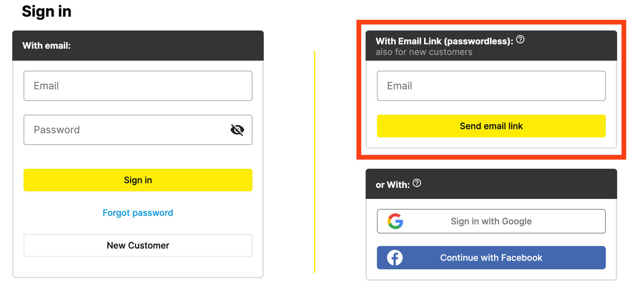 Login pages with With email link (without password) highlighted