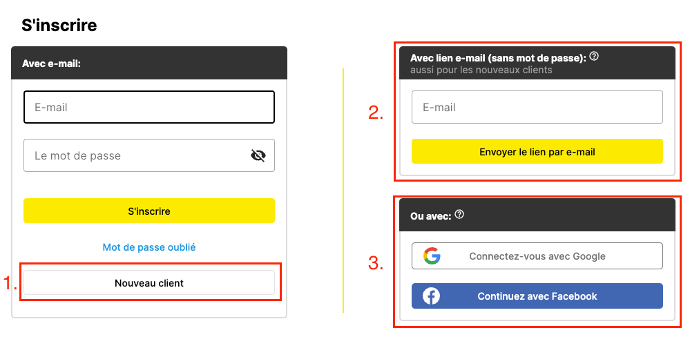 Procédure de connexion e-mail, lien mot de passe, Google et Facebook